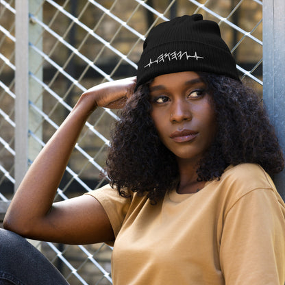 Organic Cotton Ribbed Beanie | Rhythm of the Heart YHWH | White Embroidery