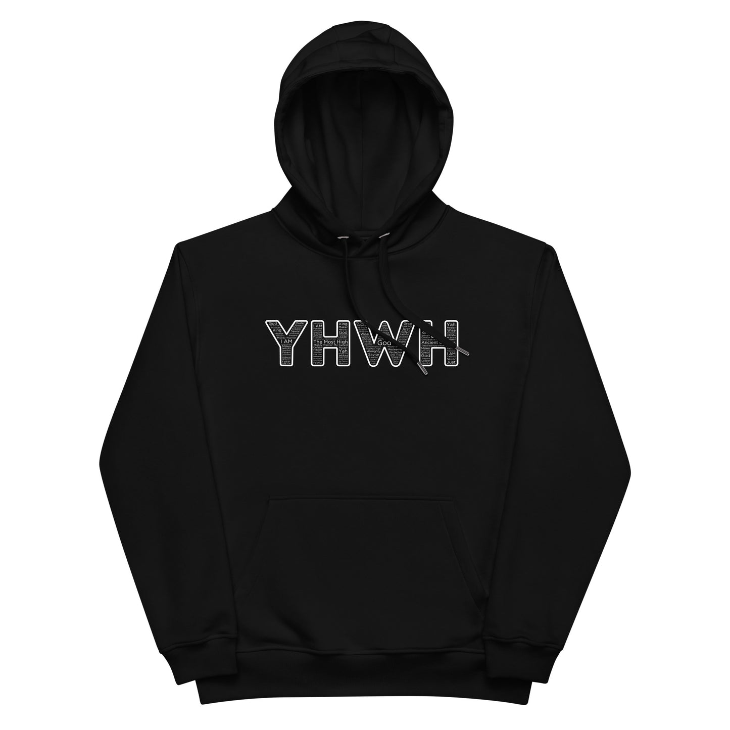 YHWH Names and Titles | Unisex Premium Eco Hoodie | White Print | Organic*