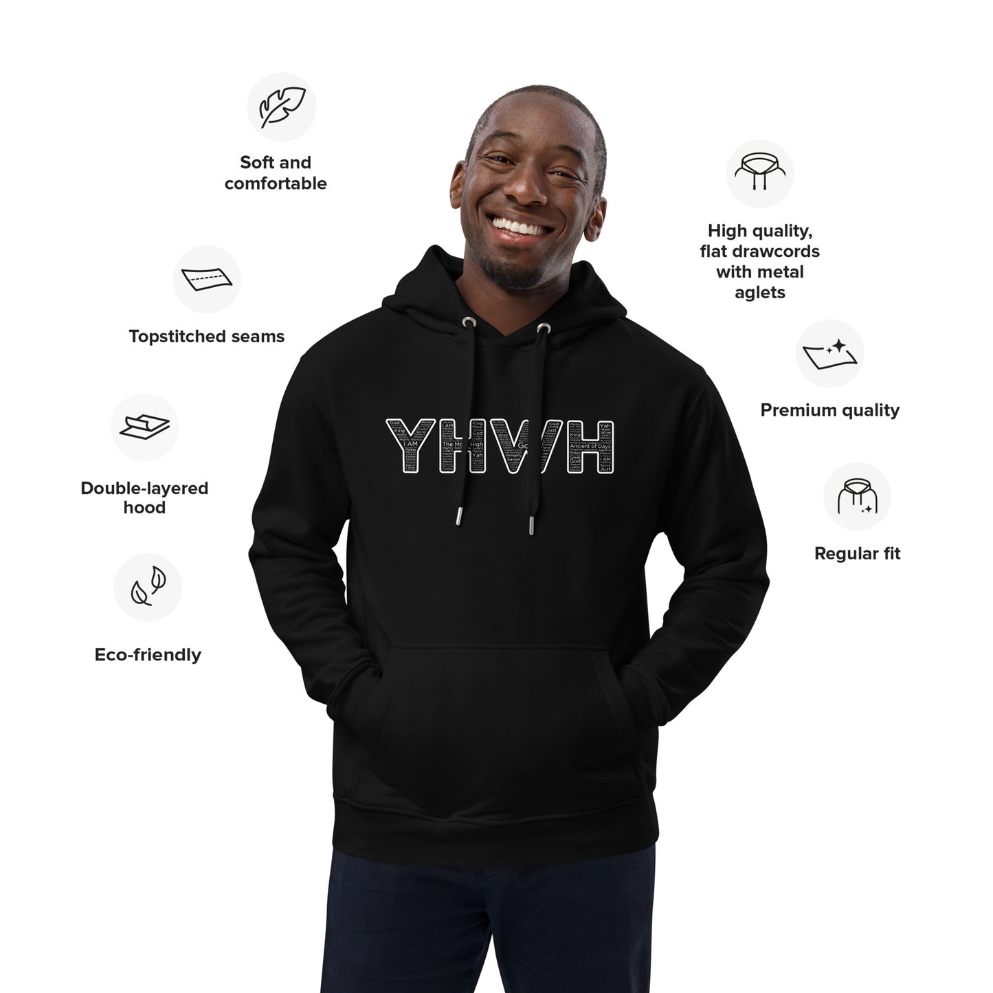 YHWH Names and Titles | Unisex Premium Eco Hoodie | White Print | Organic*