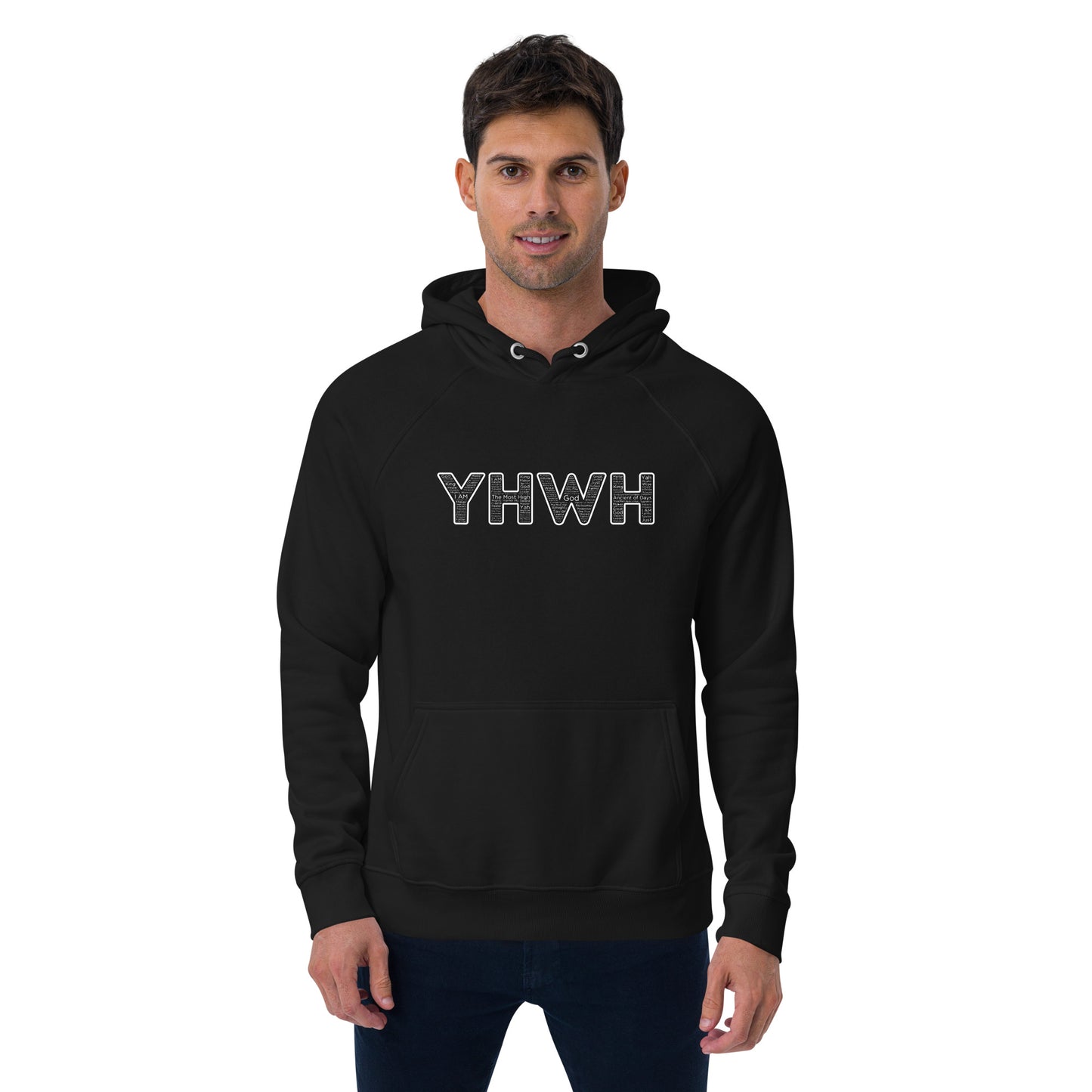 YHWH Names And Titles | Unisex Eco Raglan Hoodie | White Print | Organic*