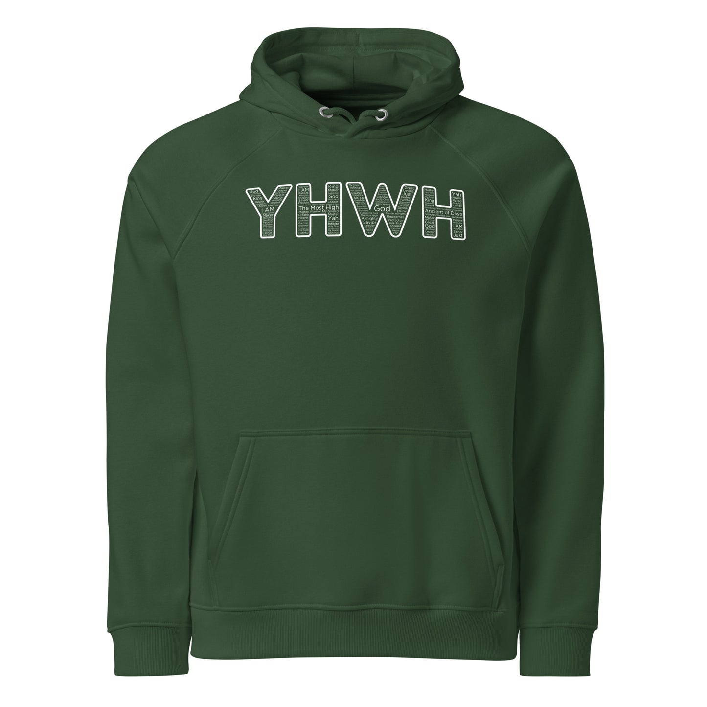 YHWH Names And Titles | Unisex Eco Raglan Hoodie | White Print | Organic*