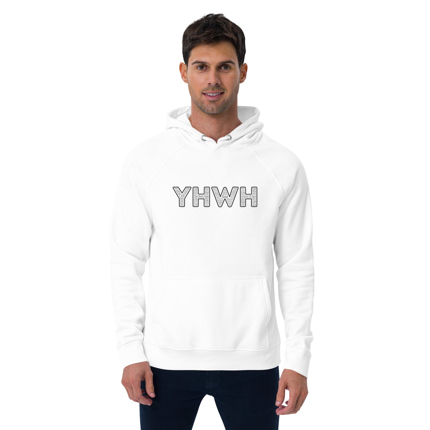 YHWH Names And Titles | Unisex Eco Raglan Hoodie | Black Print | Organic*