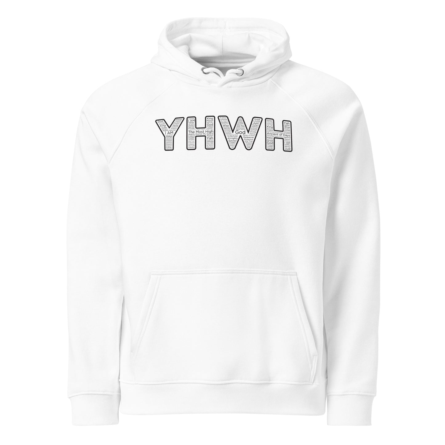 YHWH Names And Titles | Unisex Eco Raglan Hoodie | Black Print | Organic*