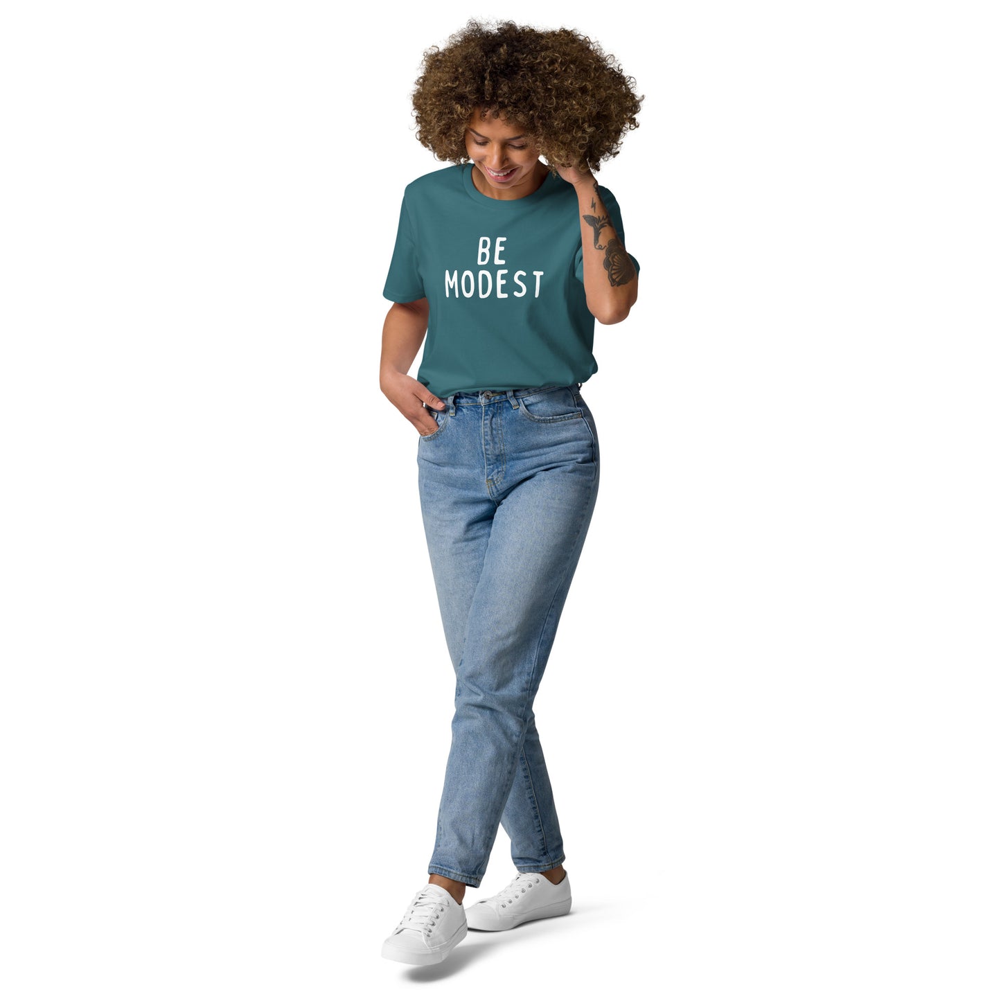 Be Modest | Unisex Organic Cotton T-Shirt | White Print