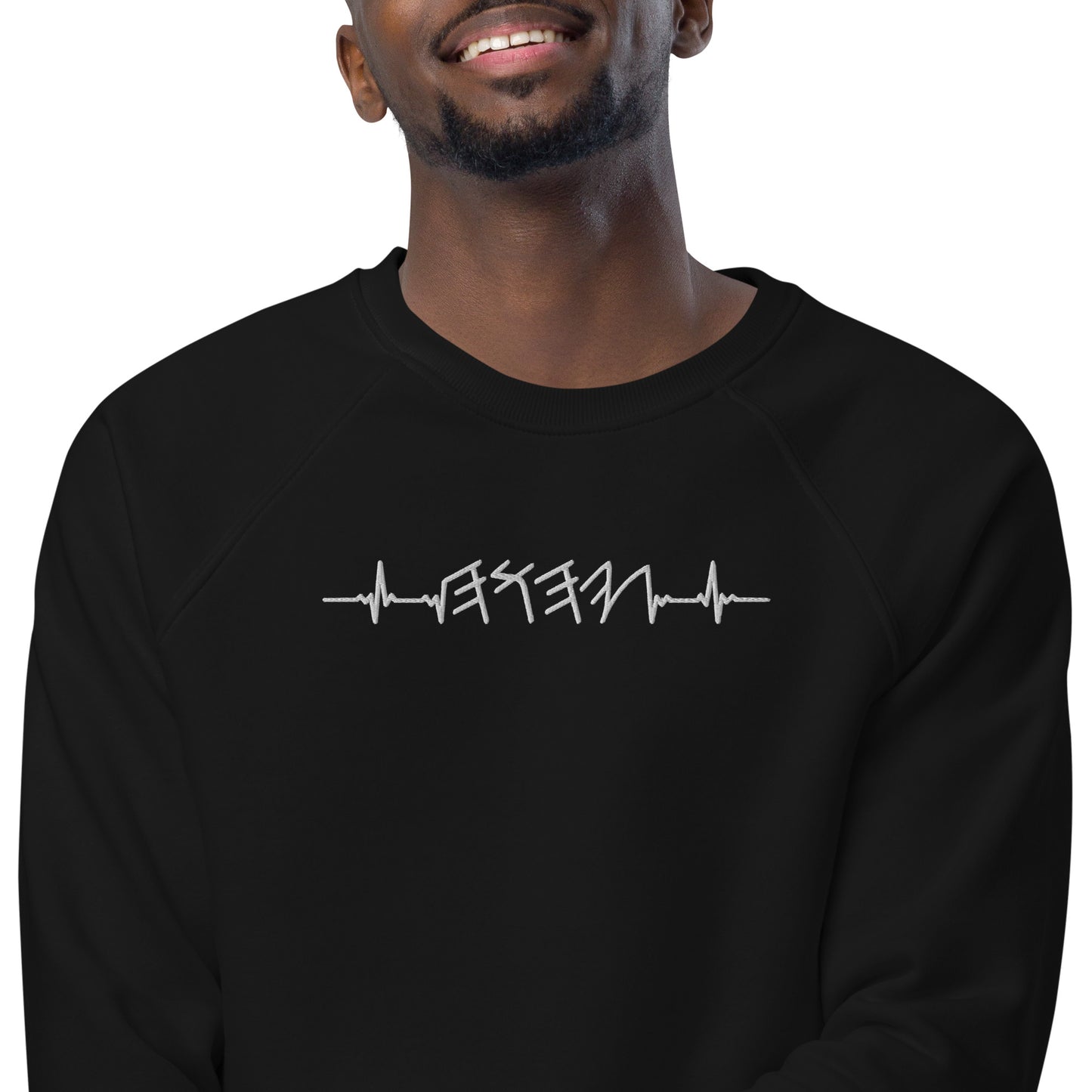 Rhythm of the Heart YHWH | Unisex Organic* Raglan Crewneck Sweatshirt | White Embroidery