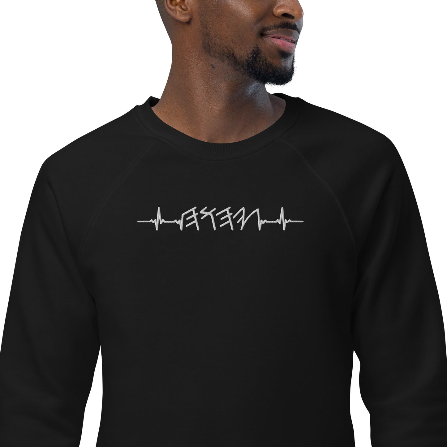 Rhythm of the Heart YHWH | Unisex Organic* Raglan Crewneck Sweatshirt | White Embroidery