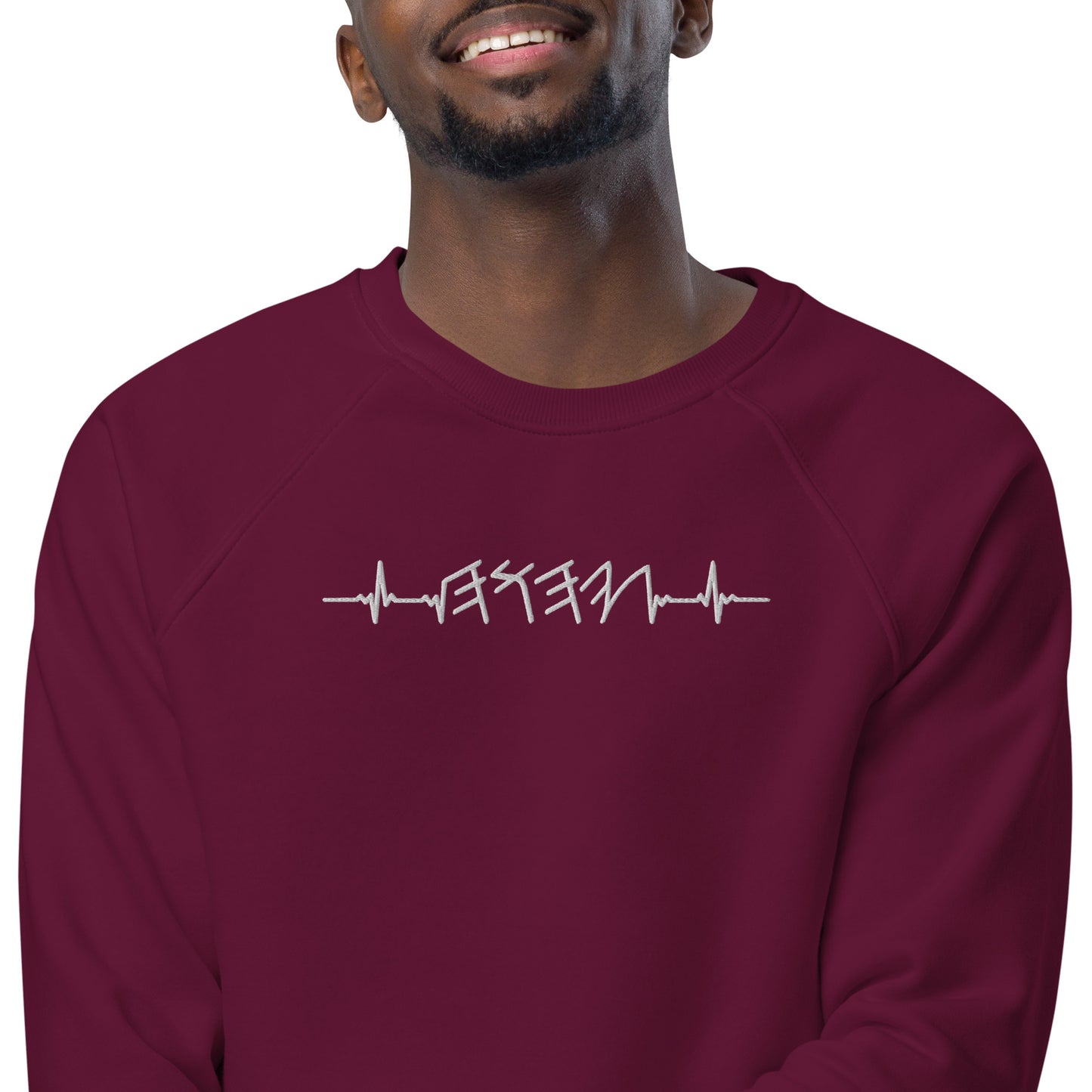 Rhythm of the Heart YHWH | Unisex Organic* Raglan Crewneck Sweatshirt | White Embroidery