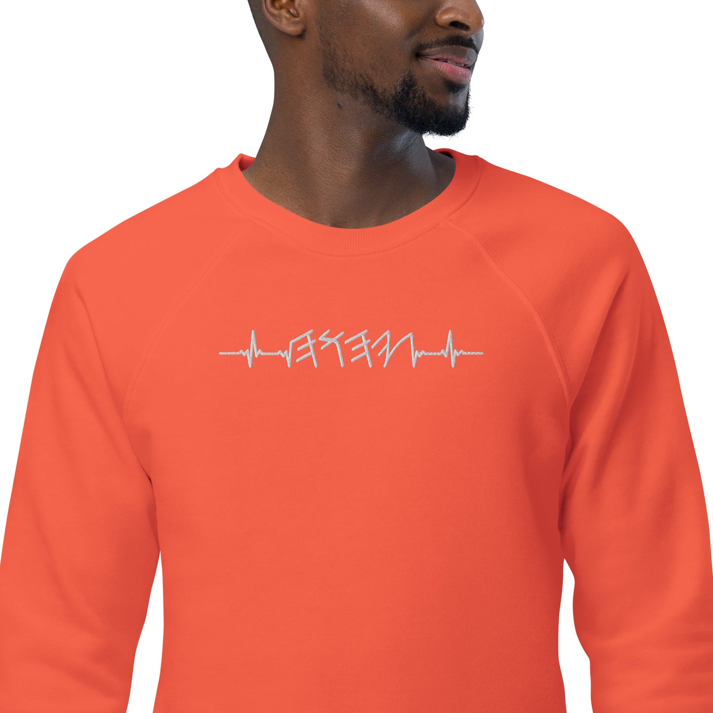 Rhythm of the Heart YHWH | Unisex Organic* Raglan Crewneck Sweatshirt | White Embroidery