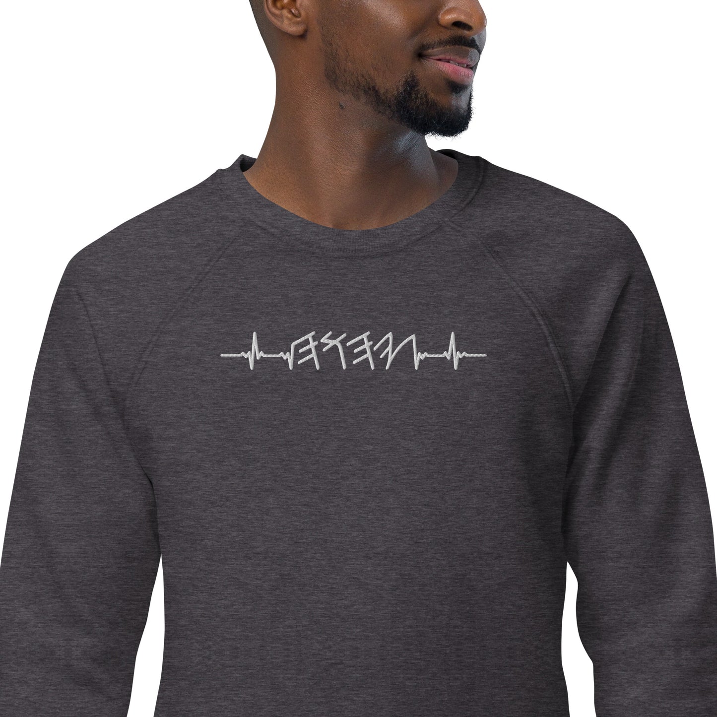 Rhythm of the Heart YHWH | Unisex Organic* Raglan Crewneck Sweatshirt | White Embroidery