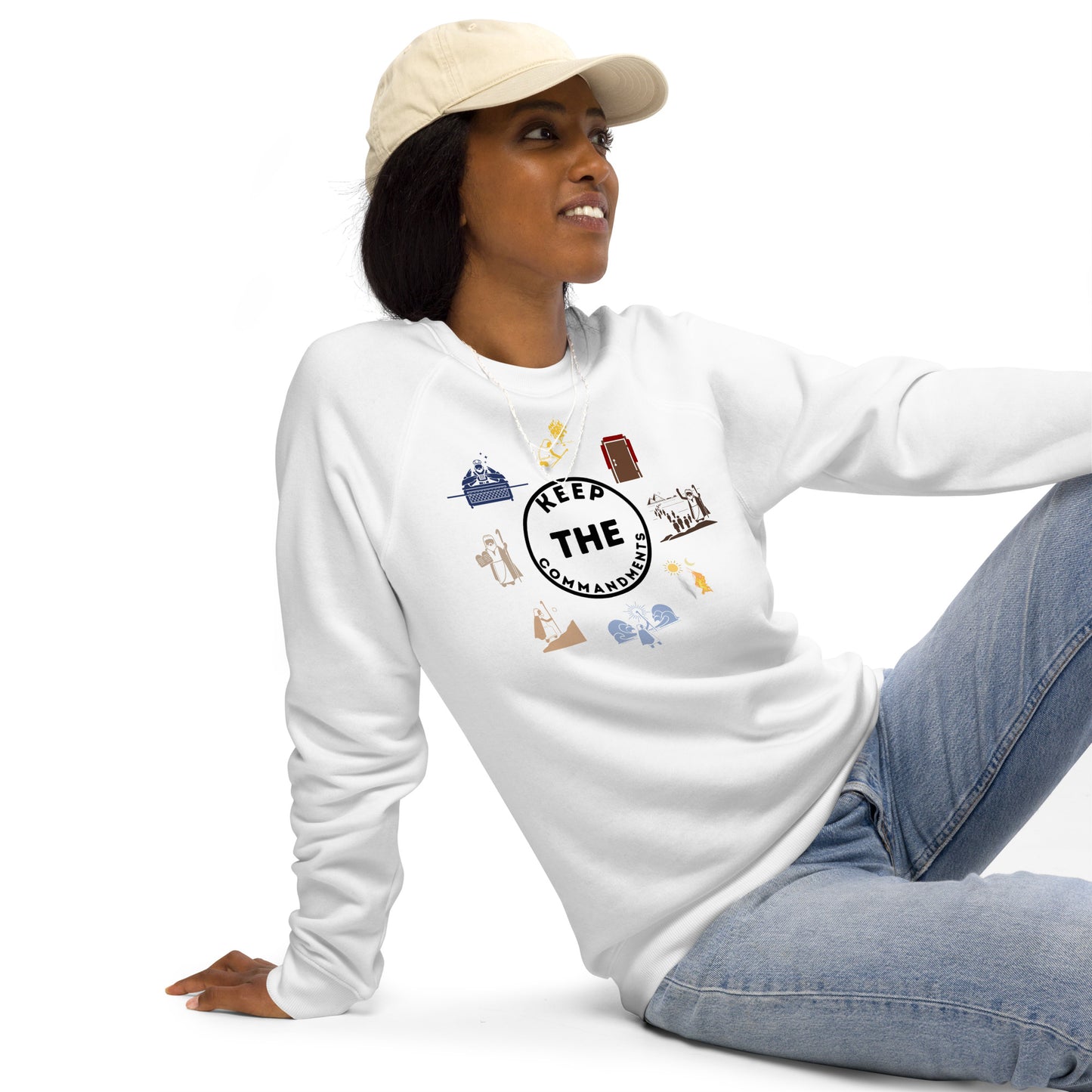 Keep The Commandments | Unisex Organic* Raglan Crewneck Sweatshirt | Black Print