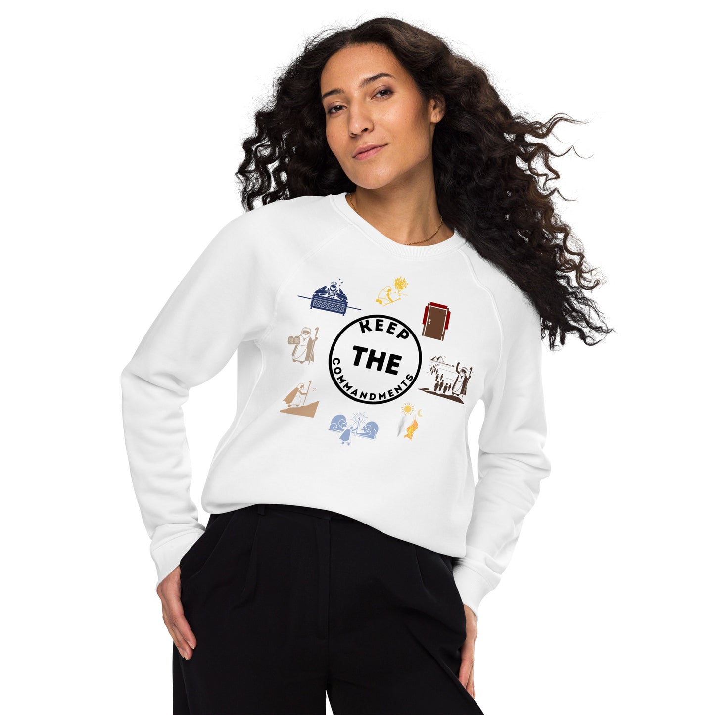 Keep The Commandments | Unisex Organic* Raglan Crewneck Sweatshirt | Black Print