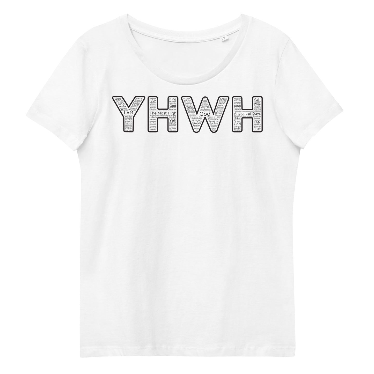 YHWH Names and Titles | Women's Fitted Eco Tee | Black Print